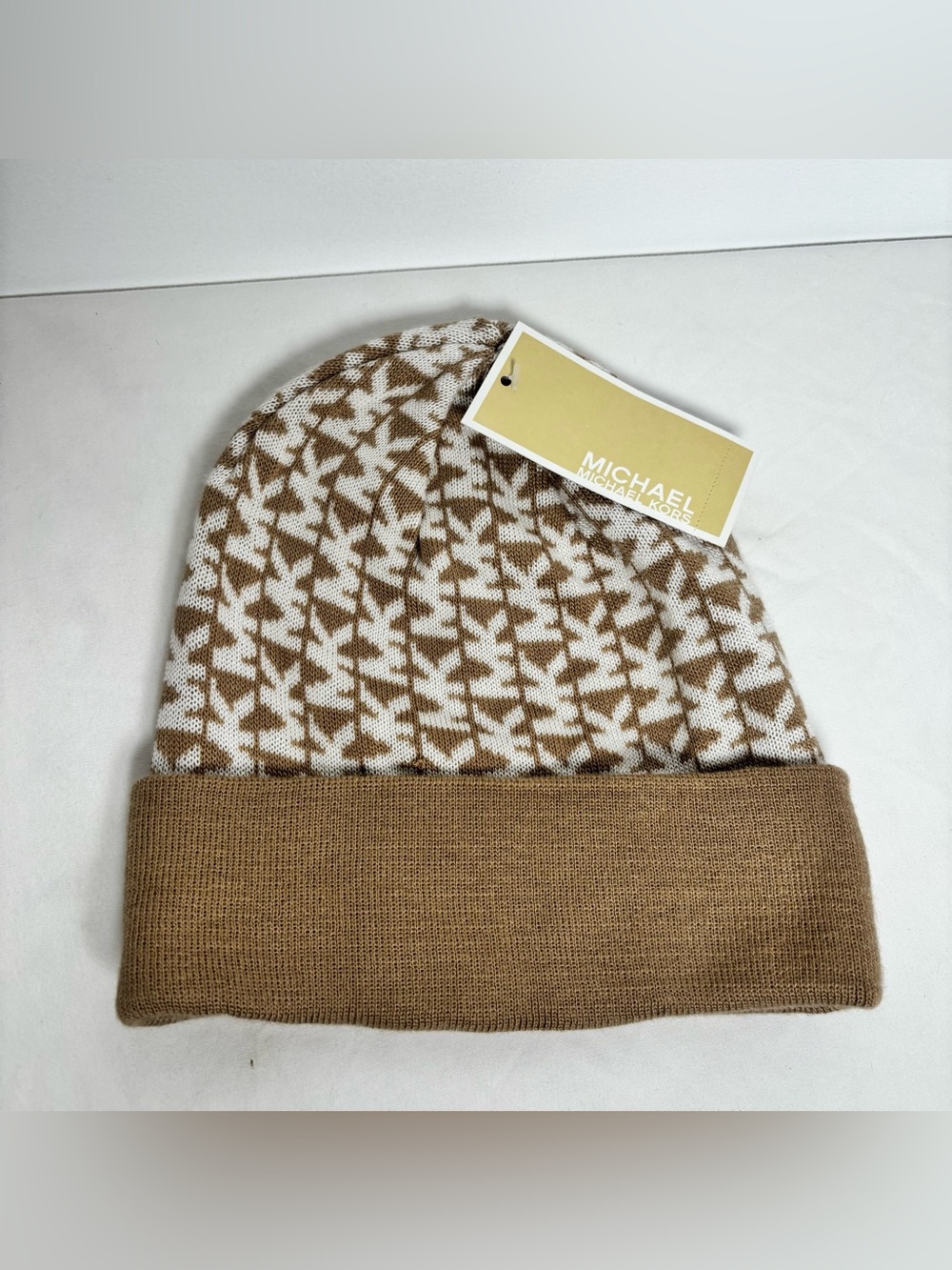 Michael Kors MK Signature Winter Hat Knit Logo Light Tan Designer One Size *NEW*